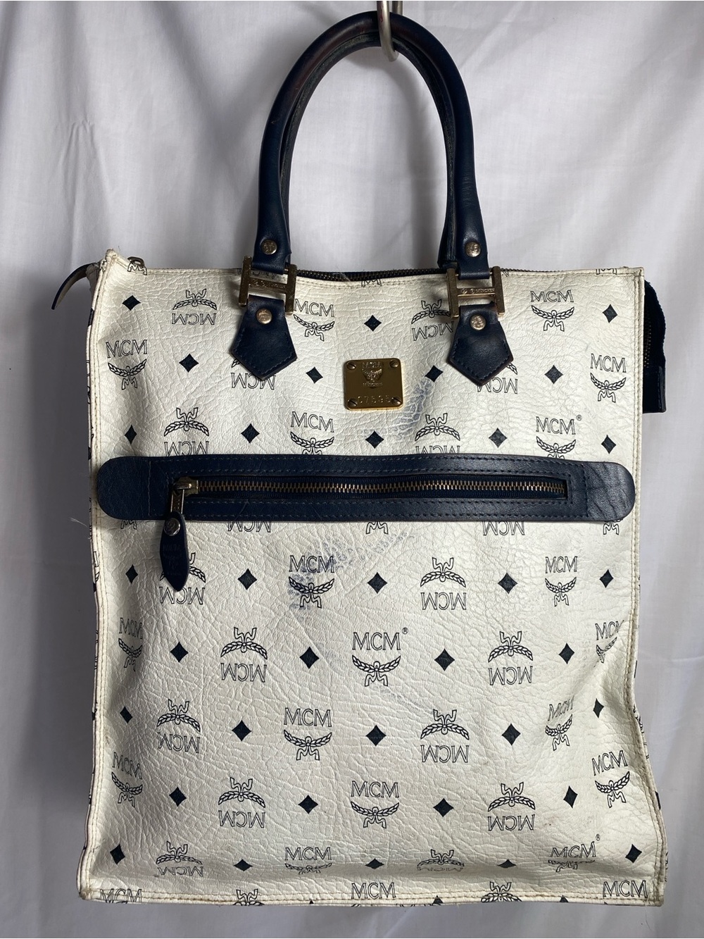 MCM White and Navy Logo Zip-Front Tote